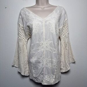 Women Coastal Cowgirl Tunic Top Small Ivory Embroidered Crochet Bell Sleeve Boho